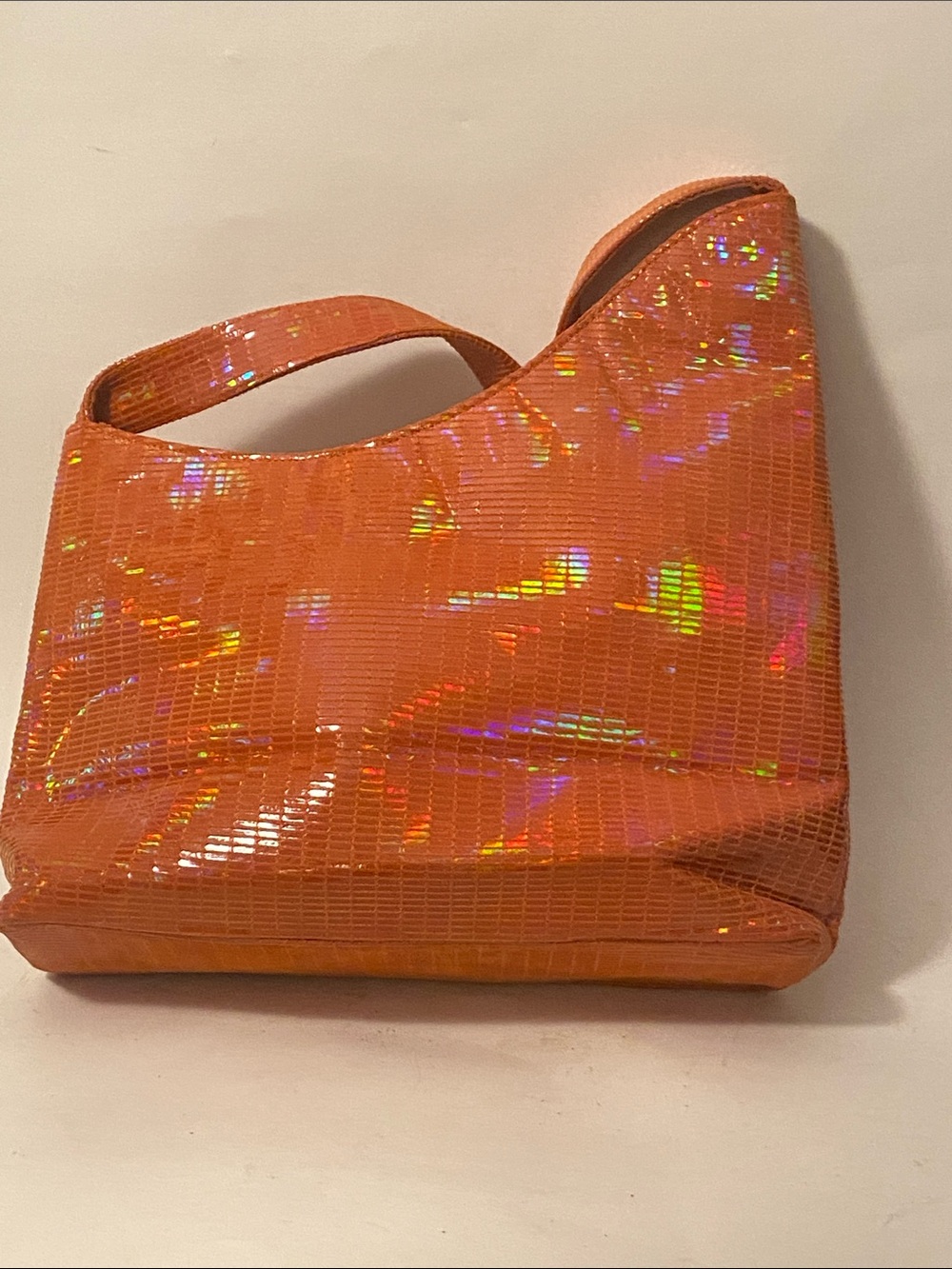 Judi Z shoulder bag tote assymetric shimmer burnt orange holographic snakeskin - Picture 2 of 6